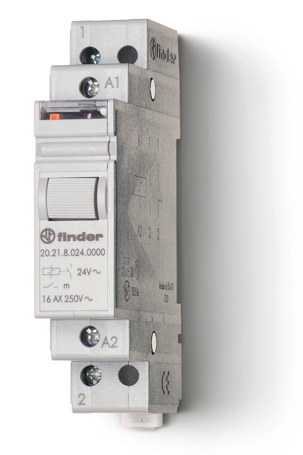 Finder 20.21.8.024.0000 2 Step Impulse/Latching Relay, SPST-NO 16A, 24V AC coil, AgNi contact