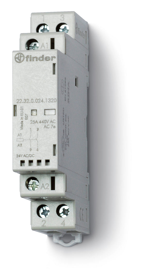 Finder 22.32.0.230.4340 Modular Contactor, DPST-NO 25A, 230V AC/DC Coil, AgSnO2 contact,  LED, mech. Indicator& AUTO-ON -OFF selector