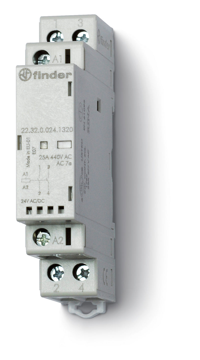 Finder 22.32.0.024.1520 Modular Contactor, 1NC + 1NO 25A, 24V AC/DC Coil, AgNi contact,  LED & mech. Indicator