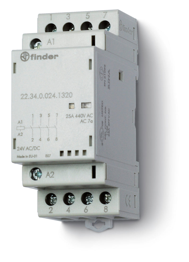Finder 22.34.0.024.4620 Modular Contactor, 2NO + 2NC 25A, 24V AC/DC Coil, AgSnO2 contact,  LED & mech. Indicator