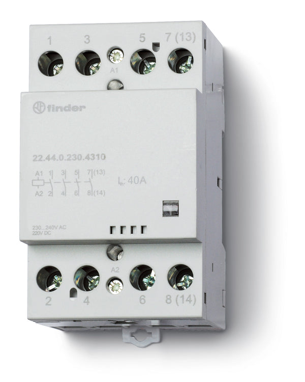 Finder 22.44.0.230.4310 Modular Contactor, 4PST-NO 40A, 230V AC/DC Coil, AgSnO2 contact, mech. Indicator
