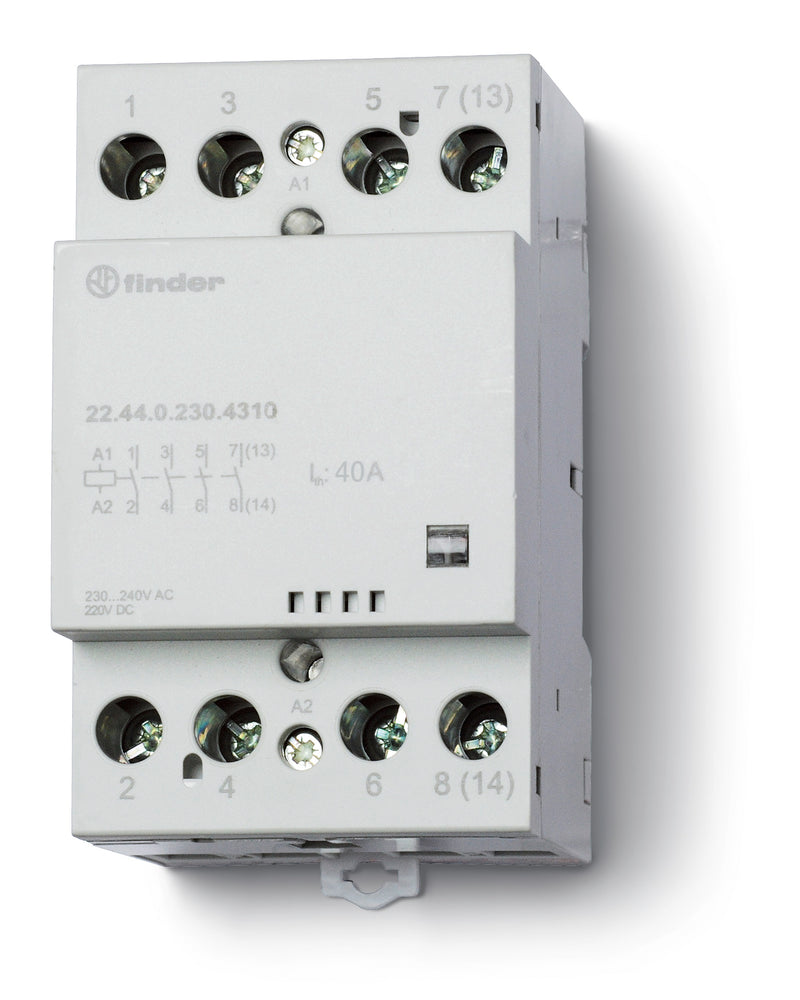 Finder 22.44.0.230.4310 Modular Contactor, 4PST-NO 40A, 230V AC/DC Coil, AgSnO2 contact, mech. Indicator