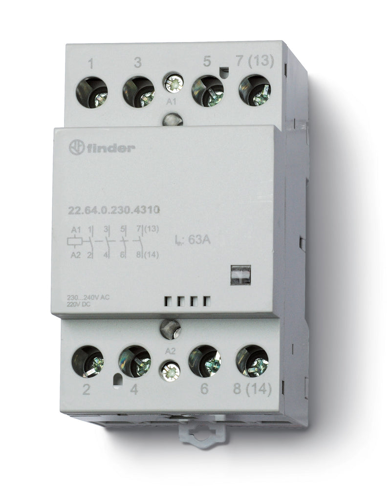 Finder 22.64.0.024.4310 Modular Contactor, 4PST-NO 63A, 24V AC/DC Coil, AgSnO2 contact, mech. Indicator