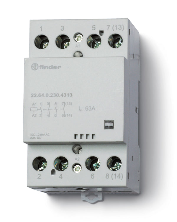 Finder 22.64.0.230.4310 Modular Contactor, 4PST-NO 63A, 230V AC/DC Coil, AgSnO2 contact, mech. Indicator