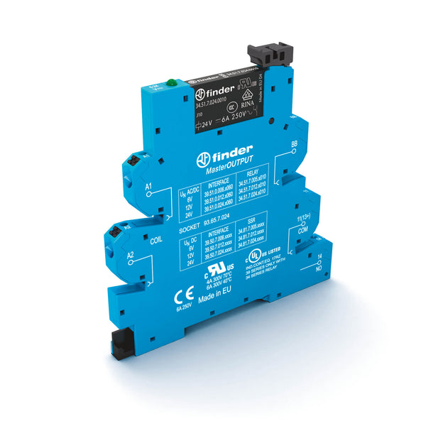 Finder 39.51.0.024.0060 EMR-MasterOUTPUT, SPDT 6A, 24V AC/DC coil, AgNi contact, push-in terminal socket
