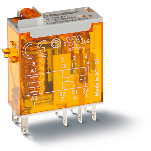 Finder 46.52.8.120.0020 Min. Industrial Relay, DPDT 8A, 120V AC coil, AgNi contact, mechanical indicator