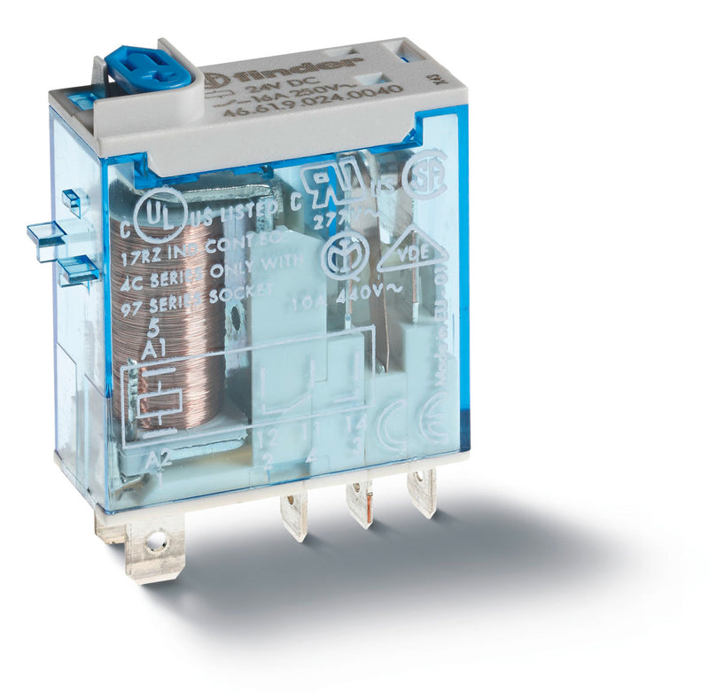 Finder 46.61.9.024.0074 Min. Industrial Relay, SPDT 16A, 24V DC coil, AgNi contact, lockable test button, double LED & mech. Indicator