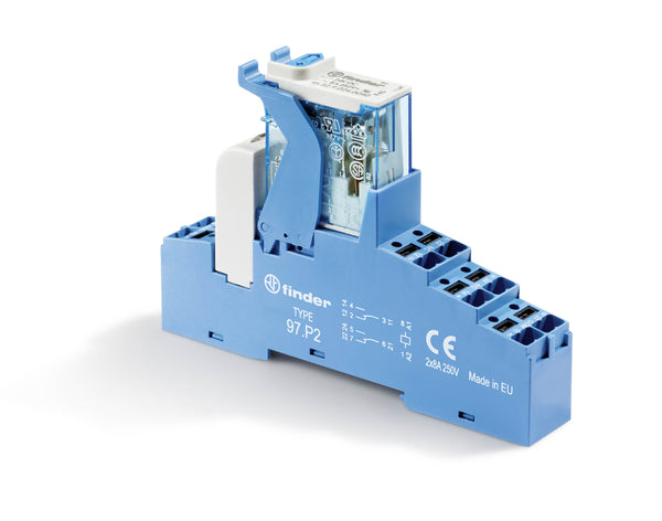 Finder 4C.P2.9.024.0050SPA MasterIN Interface Module, DPDT 8A, 24V DC coil, AgNi contact, lockable test button & mech. Indicator, LED, diode & polarity protection diode, push-in terminal socket