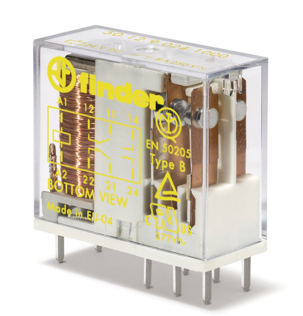 Finder 50.12.9.024.5000 Relay with forcibly guided contacts, DPDT 8A, 24V DC coil, AgNi+gold plated contact