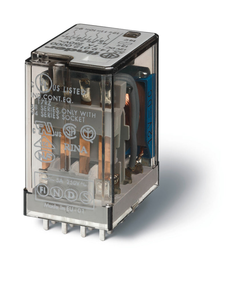 Finder 55.14.8.012.0000 Ind. PCB Relay, 4PDT 7A, 12V AC coil, AgNi contact