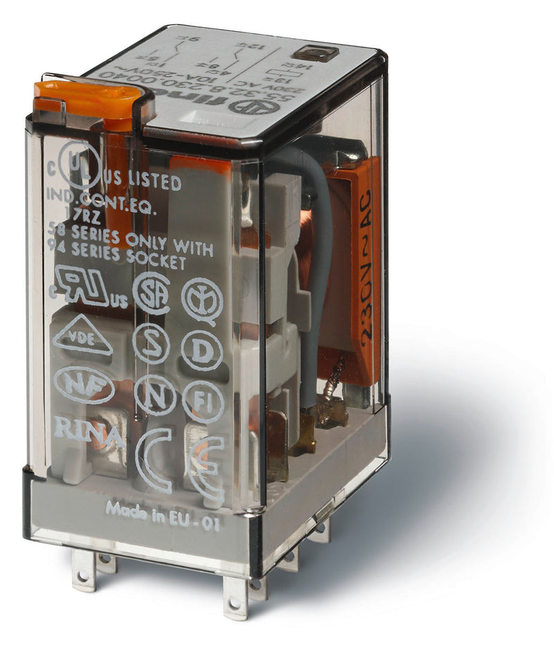 Finder 55.32.8.230.0050 Ind. Plug-In Relay, DPDT 10A, 230V AC coil, AgNi contact, lockable test button & LED
