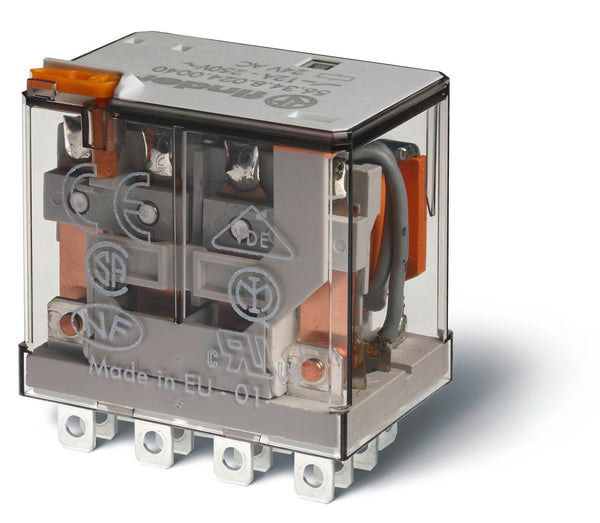 Finder 56.34.8.120.0040 Ind. Plug-In Relay, 4PDT 12A, 120V AC coil, AgNi contact, lockable test button & mech. Indicator
