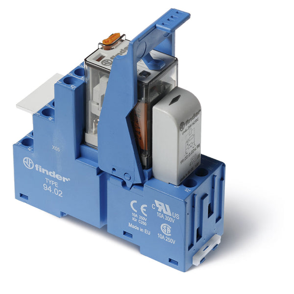 Finder 58.32.9.024.0050SPA Interface Module, DPDT 10A, 24V DC coil, AgNi contact, LED, diode, polarity protection diode & lockable test button, screw terminal socket
