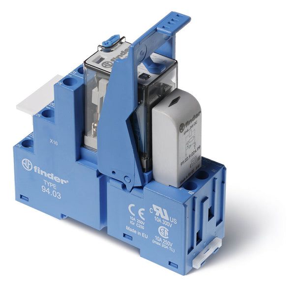Finder 58.33.9.024.0050SPA Interface Module, 3PDT 10A, 24V DC coil, AgNi contact, LED, diode, polarity protection diode & lockable test button, screw terminal socket