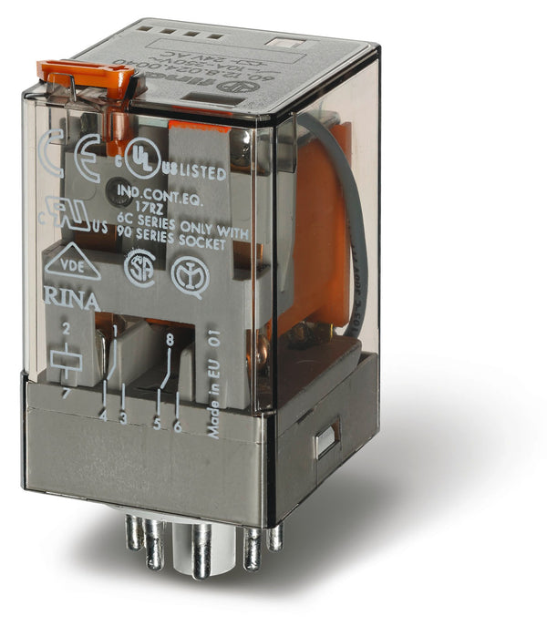 Finder 60.12.9.024.5000 General Purpose Relay, DPDT 10A, 24V DC coil, AgNi+gold plated contact