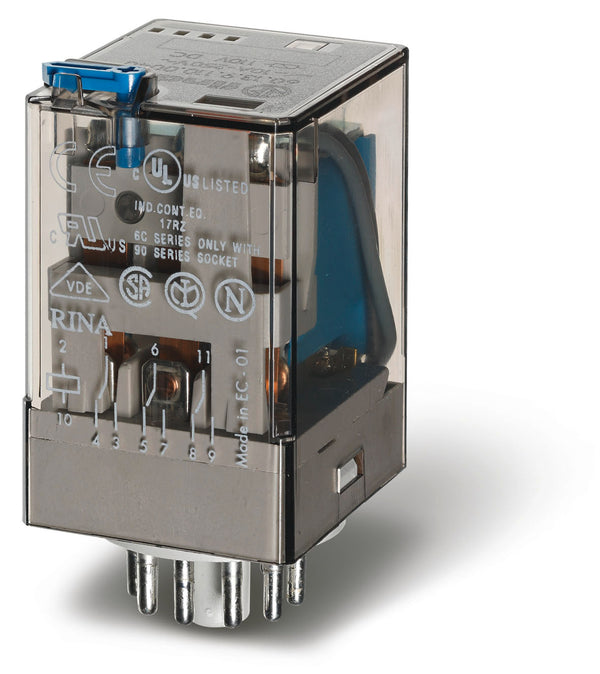 Finder 60.13.8.012.0040 General Purpose Relay, 3PDT 10A, 12V AC coil, AgNi contact, lockable test button & mech. Indicator