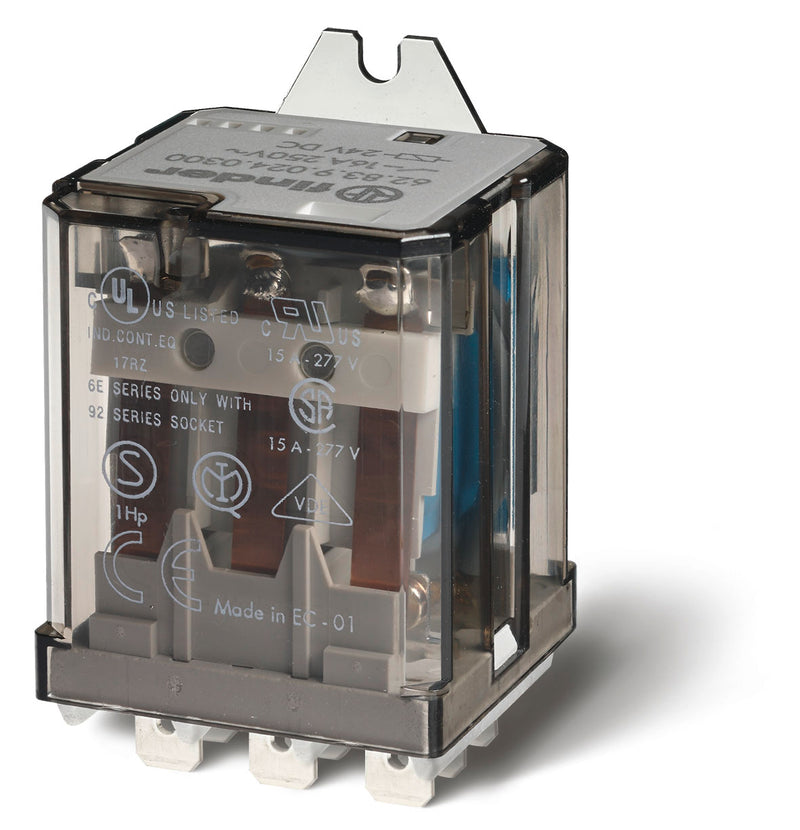 Finder 62.83.9.024.0000 Power Relay, 3PDT 15A , 24V DC coil, AgCdO contact, rear flange mount with 250 quick connect