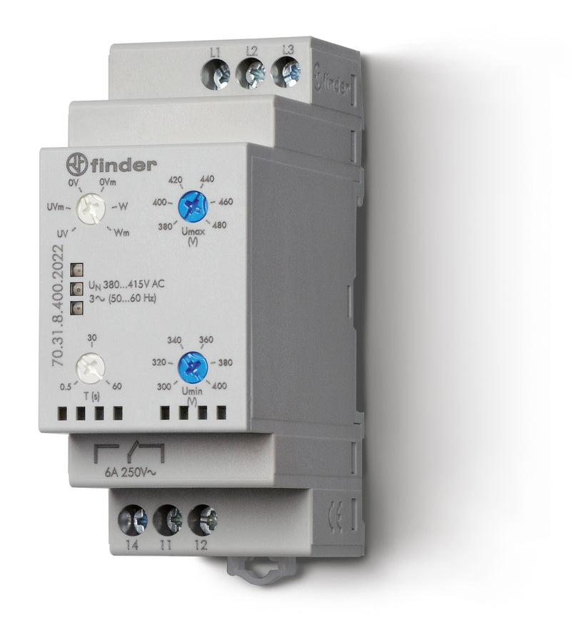 Finder 70.31.8.400.2022 3-phase Under/Over voltage or window mode adjustable, phase failure, phase rotation - 36mm wide - 1CO 6A