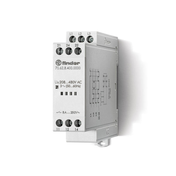 Finder 70.62.8.400.0000 3 Phase - Rotation and phase loss monitoring relay, 208V-480V 50/60Hz, DPDT 8A