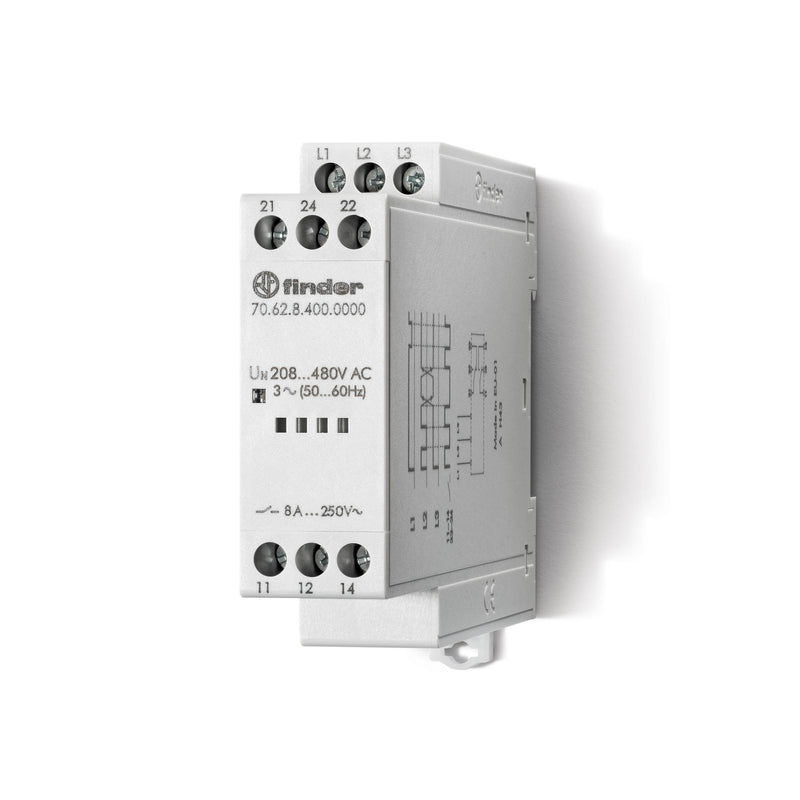 Finder 70.62.8.400.0000 3 Phase - Rotation and phase loss monitoring relay, 208V-480V 50/60Hz, DPDT 8A