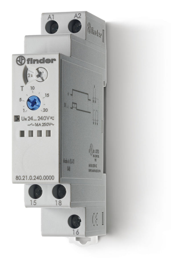 Finder 80.21.0.240.0000 On Pulse Timer, SPDT 8A, 24V-240V AC/DC coil