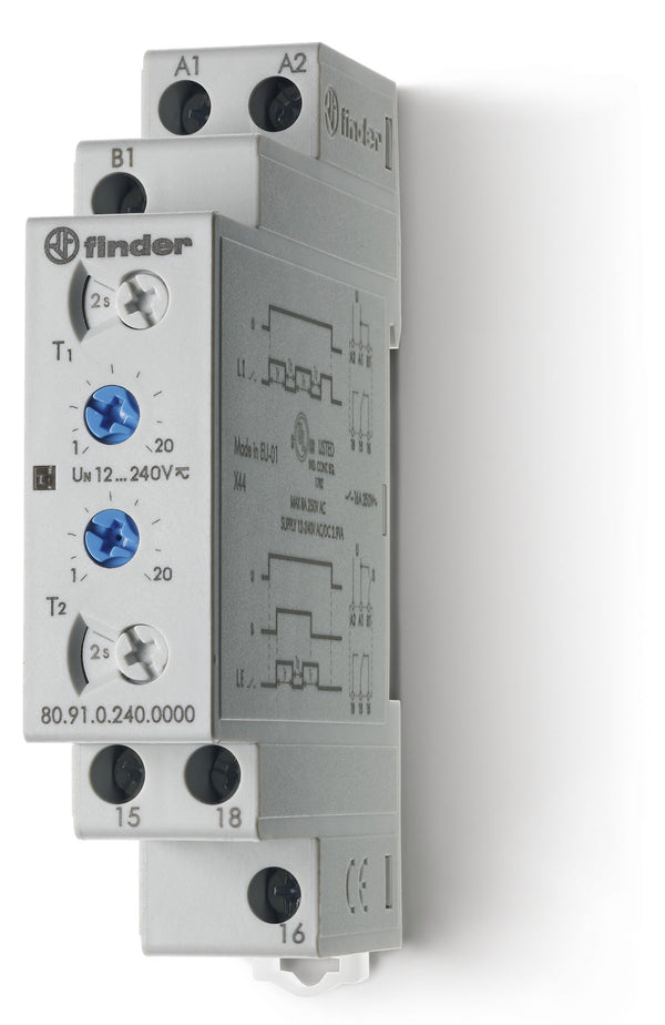 Finder 80.91.0.240.0000 Asymmetrical Recycler/Multi-Voltage Timer SPDT 8A, 12V-240V AC/DC coil