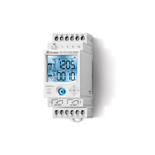 Finder 84.02.0.024.0000 SMARTimer, multifunction digital timer 12…24 V AC/DC, 2 independent channels 16A, with NFC programming