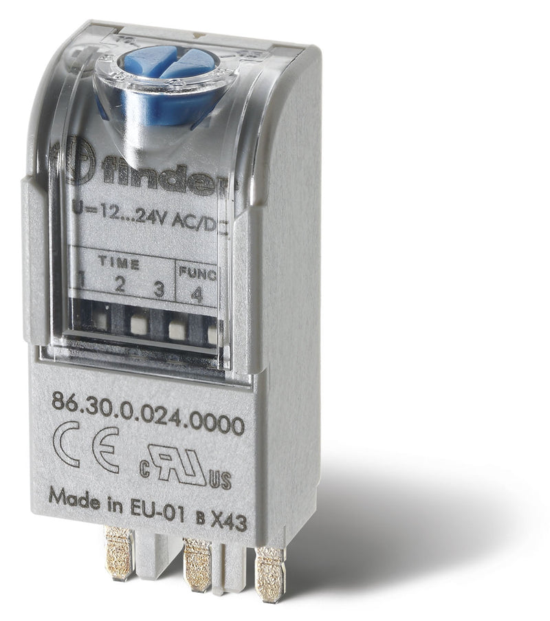 Finder 86.30.0.024.0000 Plug-In Multi-Voltage On Pulse/On Delay Timer Module, 12V-24V AC/DC coil, 1.5s to 100h.