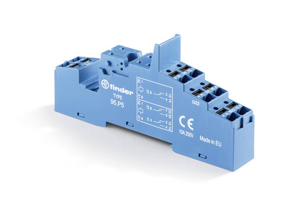 Finder 95.P5SPA Push-in socket for use with 40.51, 40.61, 40.52, 44.52, 44.62 relays,takes 99.02/86.30 modules, blue,supplied with 095.91.3 plastic retaining clip
