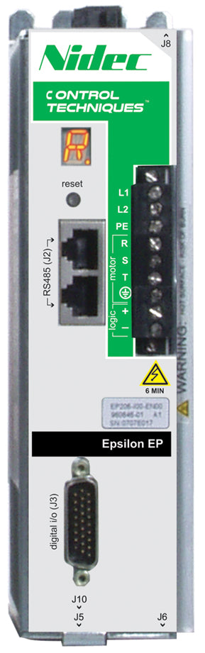 Nidec-Control Tech EP204-B00-ENR0 Epsilon EP Base Servo Drive, 230VAC, Output Current 4Arms cont. 8Arms peak, Encoder Feedback