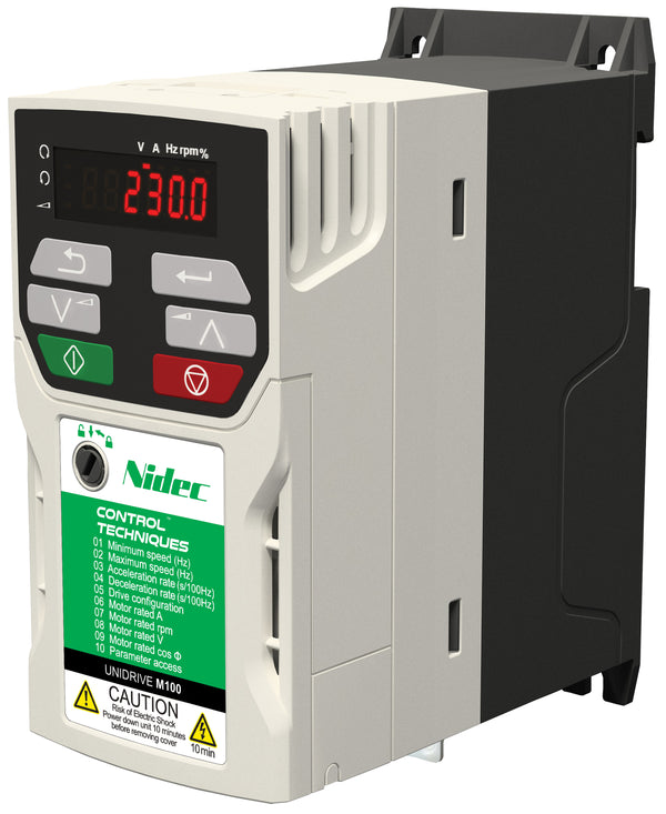 Control Techniques M100-01200033A10101AB100 Unidrive M100, 230VAC, Max Cont Output Current (hp): Normal Duty - 3.3A (0.75HP), Heavy Duty - 3.3A (0.75)