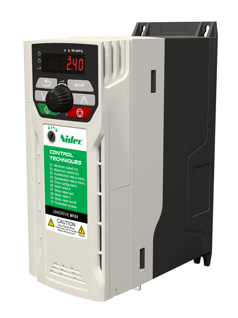 Control Techniques M101-03200100A10101AB100 Unidrive M101, W/Pot, 230VAC, Max Cont Output Current (hp): Normal Duty - 10A (3HP), Heavy Duty - 10A (3)