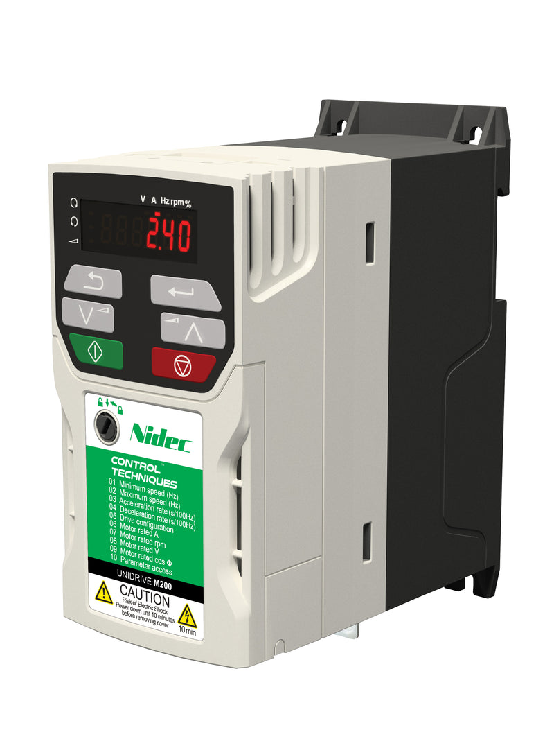 Control Techniques M200-02100042A10101AB100 Unidrive M200, 115VAC, Max Cont Output Current (hp): Normal Duty - 4.2A (1HP), Heavy Duty - 4.2A (1)