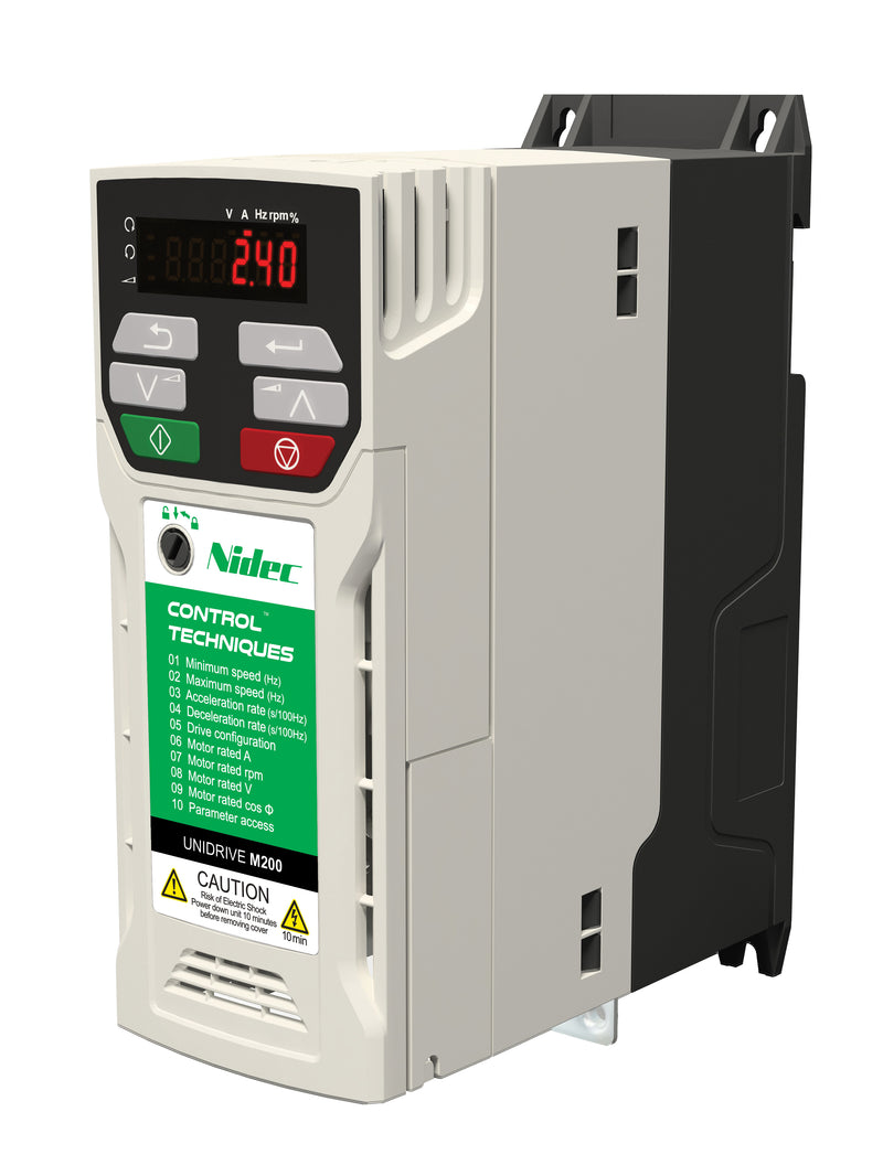 Control Techniques M200-02200075A10101AB100 Unidrive M200, 230VAC, Max Cont Output Current (hp): Normal Duty - 7.5A (2HP), Heavy Duty - 7.5A (2)