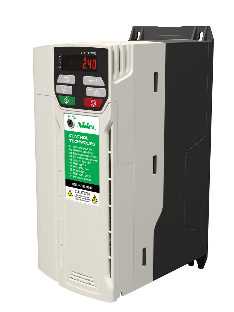 Control Techniques M200-04400170A10101AB100 Unidrive M200, 460VAC, Max Cont Output Current (hp): Normal Duty - 17A (10HP), Heavy Duty - 17A (10)