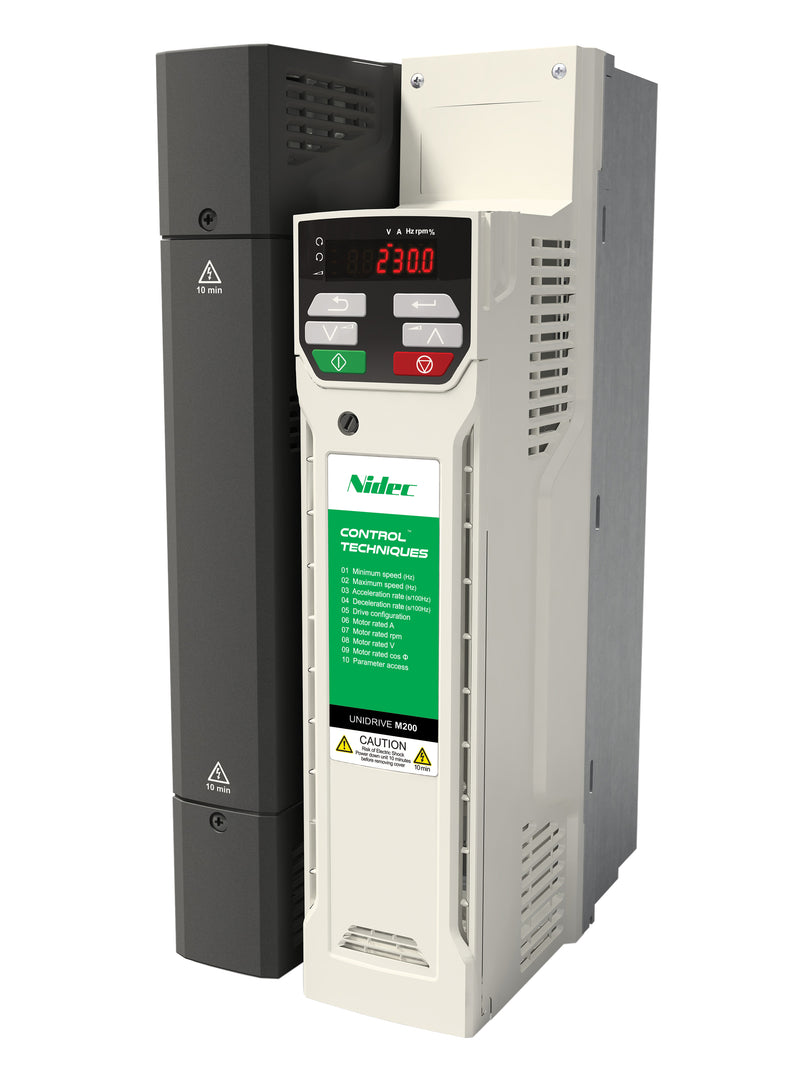 Control Techniques M200-05200250A10101AB100-E1 Unidrive M200, 230VAC, Max Cont Output Current (hp): Normal Duty - 30A (10HP), Heavy Duty - 25A (7.5)W/Conduit Box