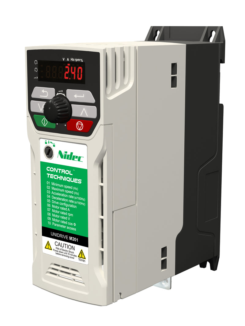 Control Techniques M201-02200042A10101AB100 Unidrive M201, W/Pot, 230VAC, Max Cont Output Current (hp): Normal Duty - 4.2A (1HP), Heavy Duty - 4.2A (1)