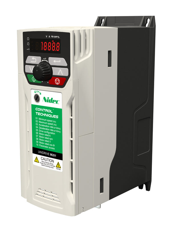 Control Techniques M201-03200100A10101AB100 Unidrive M201, W/Pot, 230VAC, Max Cont Output Current (hp): Normal Duty - 10A (3HP), Heavy Duty - 10A (3)