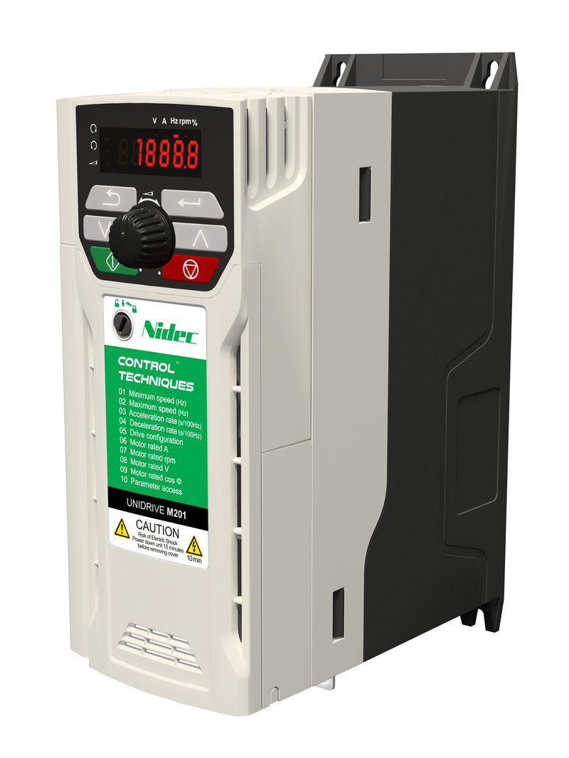 Control Techniques M201-03200100A10101AB100 Unidrive M201, W/Pot, 230VAC, Max Cont Output Current (hp): Normal Duty - 10A (3HP), Heavy Duty - 10A (3)