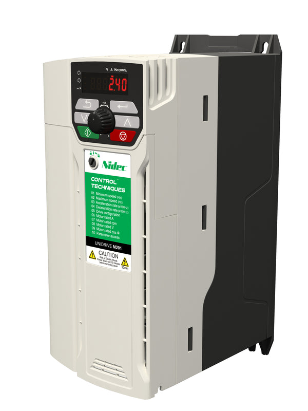 Control Techniques M201-04200176A10101AB100 Unidrive M201, W/Pot, 230VAC, Max Cont Output Current (hp): Normal Duty - 17.6A (5HP), Heavy Duty - 17.6A (5)