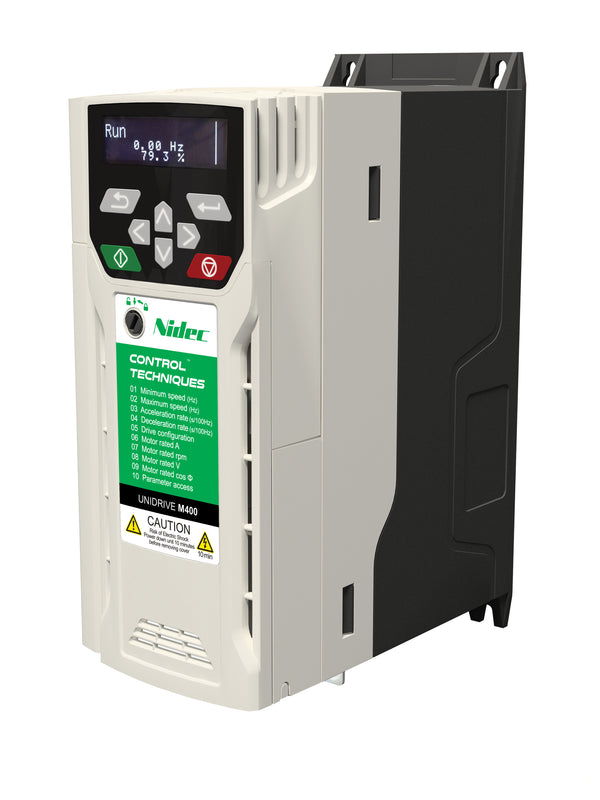 Control Techniques M400-03400094A10101AB100 Unidrive M400, No Keypad, 460VAC, Max Cont Output Current (hp): Normal Duty - 9.4A (5HP), Heavy Duty - 9.4A (5)