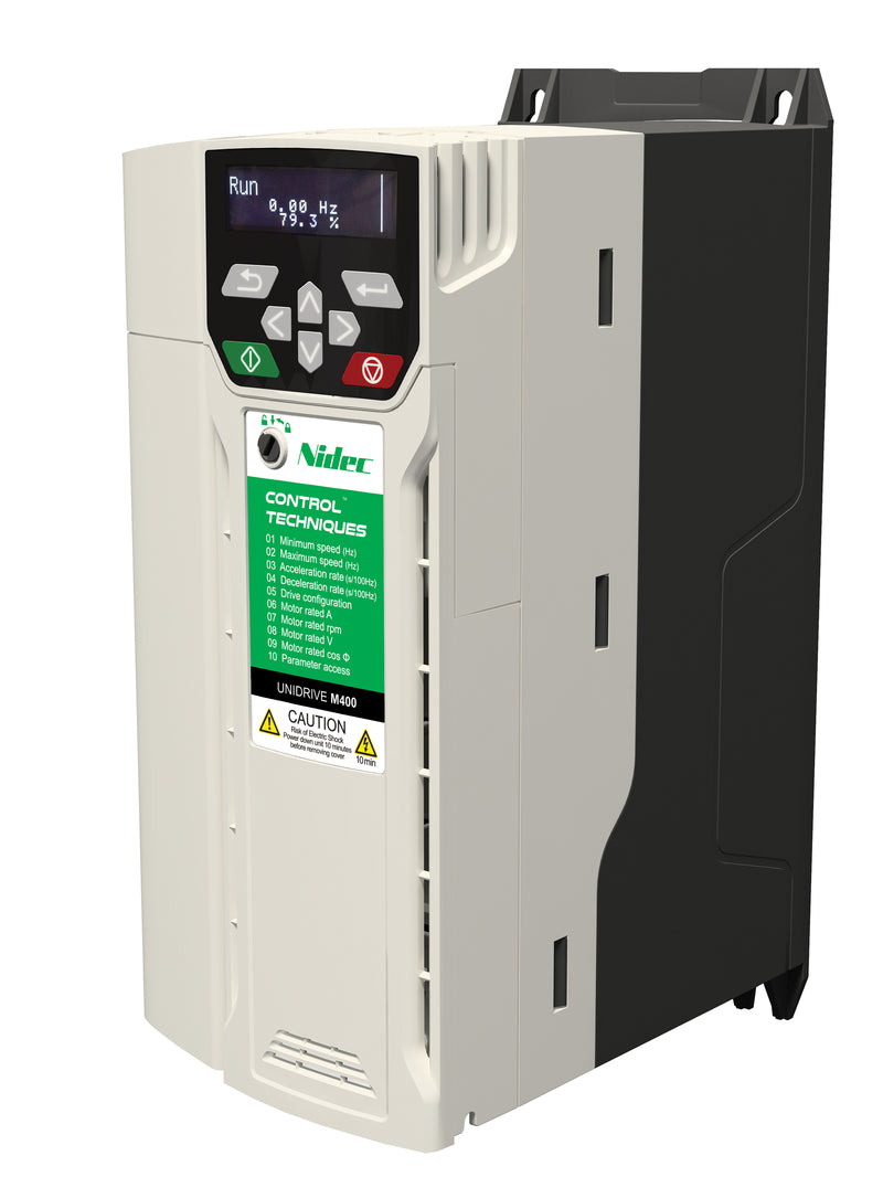 Control Techniques M400-04200133A10101AB100 Unidrive M400, No Keypad, 230VAC, Max Cont Output Current (hp): Normal Duty - 13.3A (3HP), Heavy Duty - 13.3A (3)